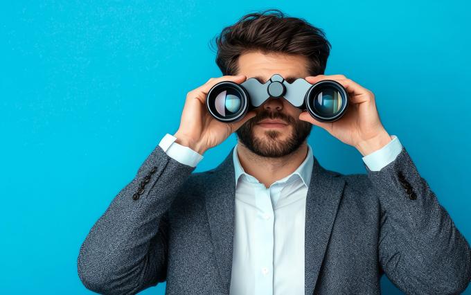 business professional looking through binoculars against blue background