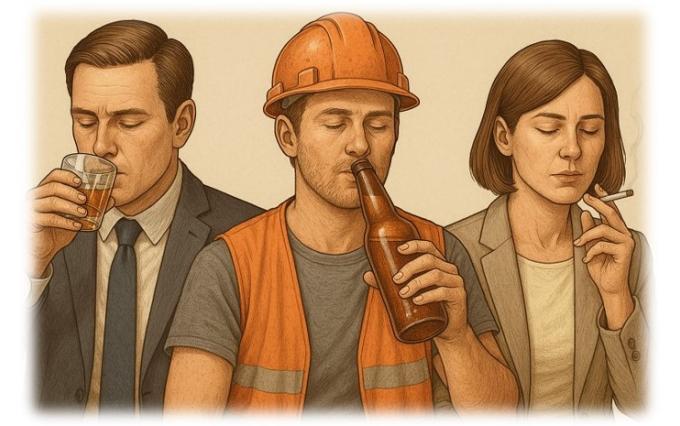Realistic cartoon of people drinking or smoking